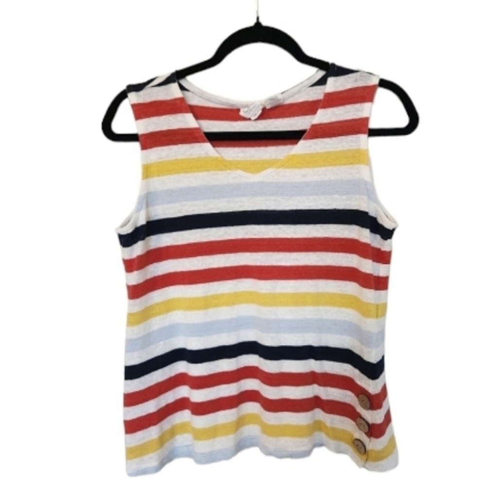 C&C California 100% Linen Multicolor Stripe Tank with Side Bottom Buttons Size M